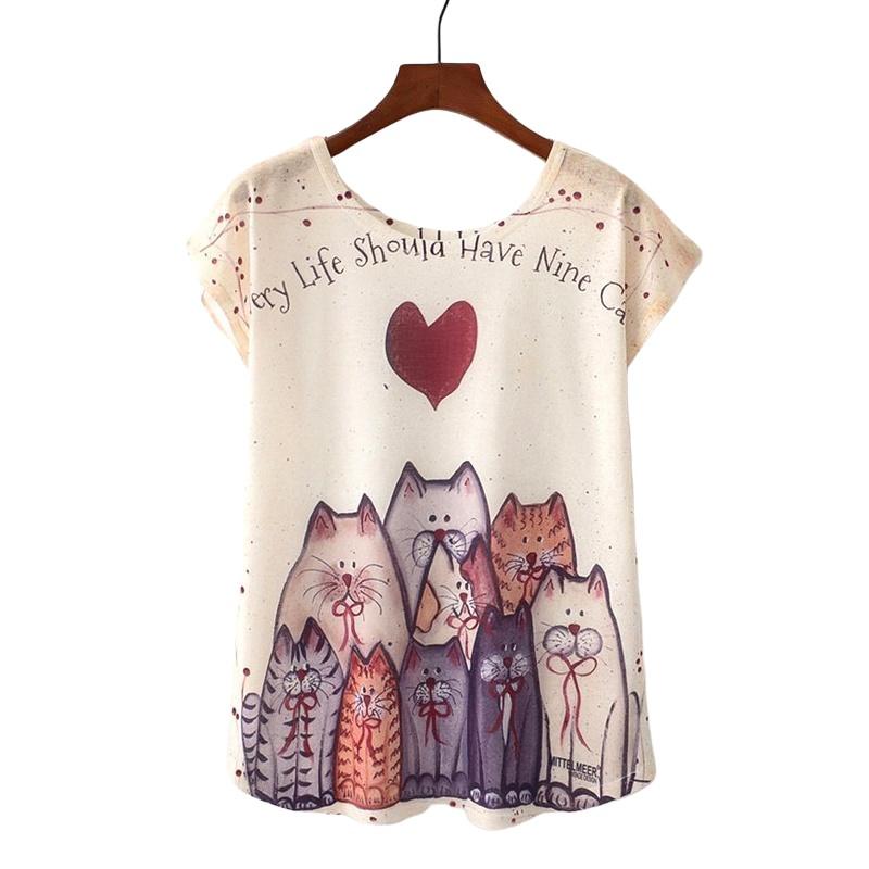 Cute Style Nice Cat Print T-shirt New Short Sleeve Tops - For Her Fitness