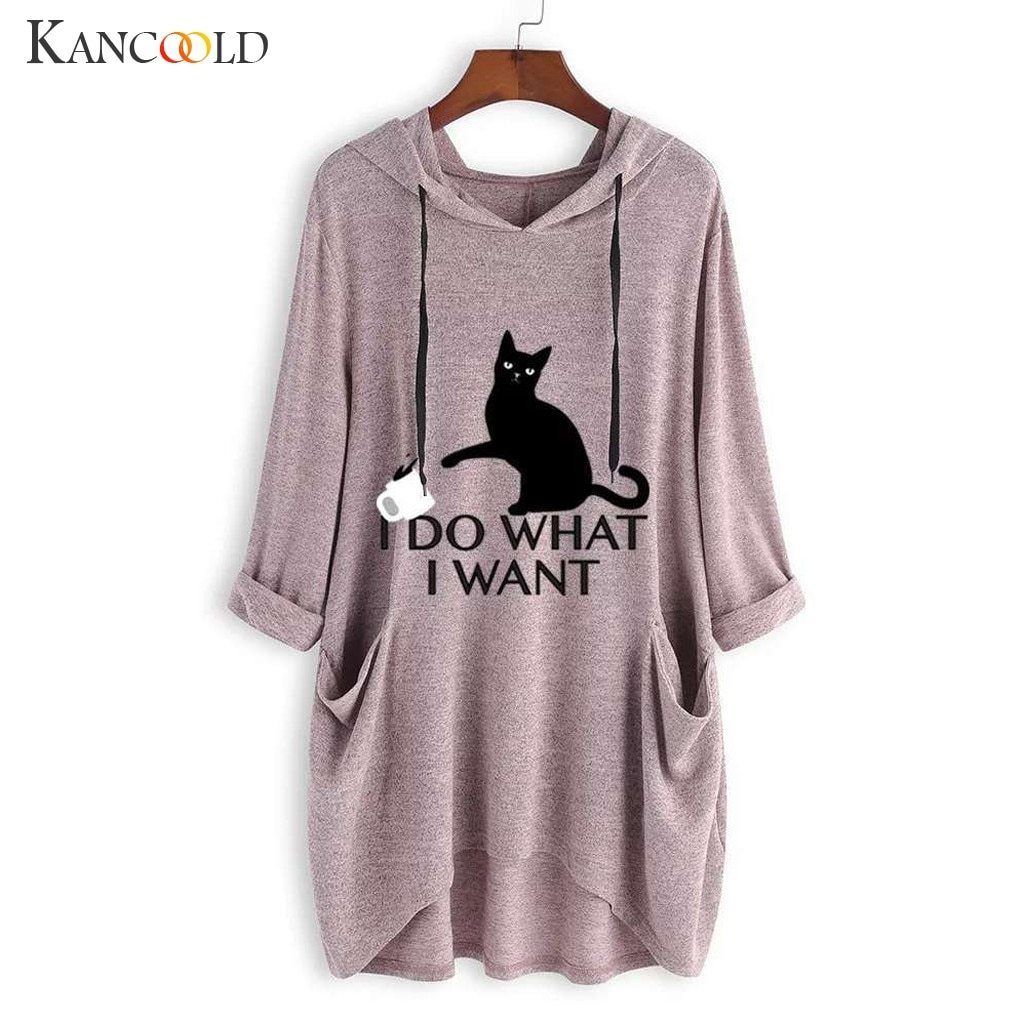 Women Casual Print Cat Ear Hooded T-Shirt Long Sleeves - For Her Fitness